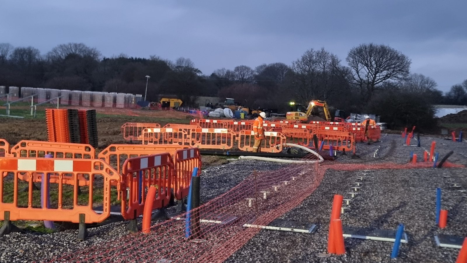 Cable ducting in a compound at dusk at the Copwood VFB Energy Hub in East Sussex.