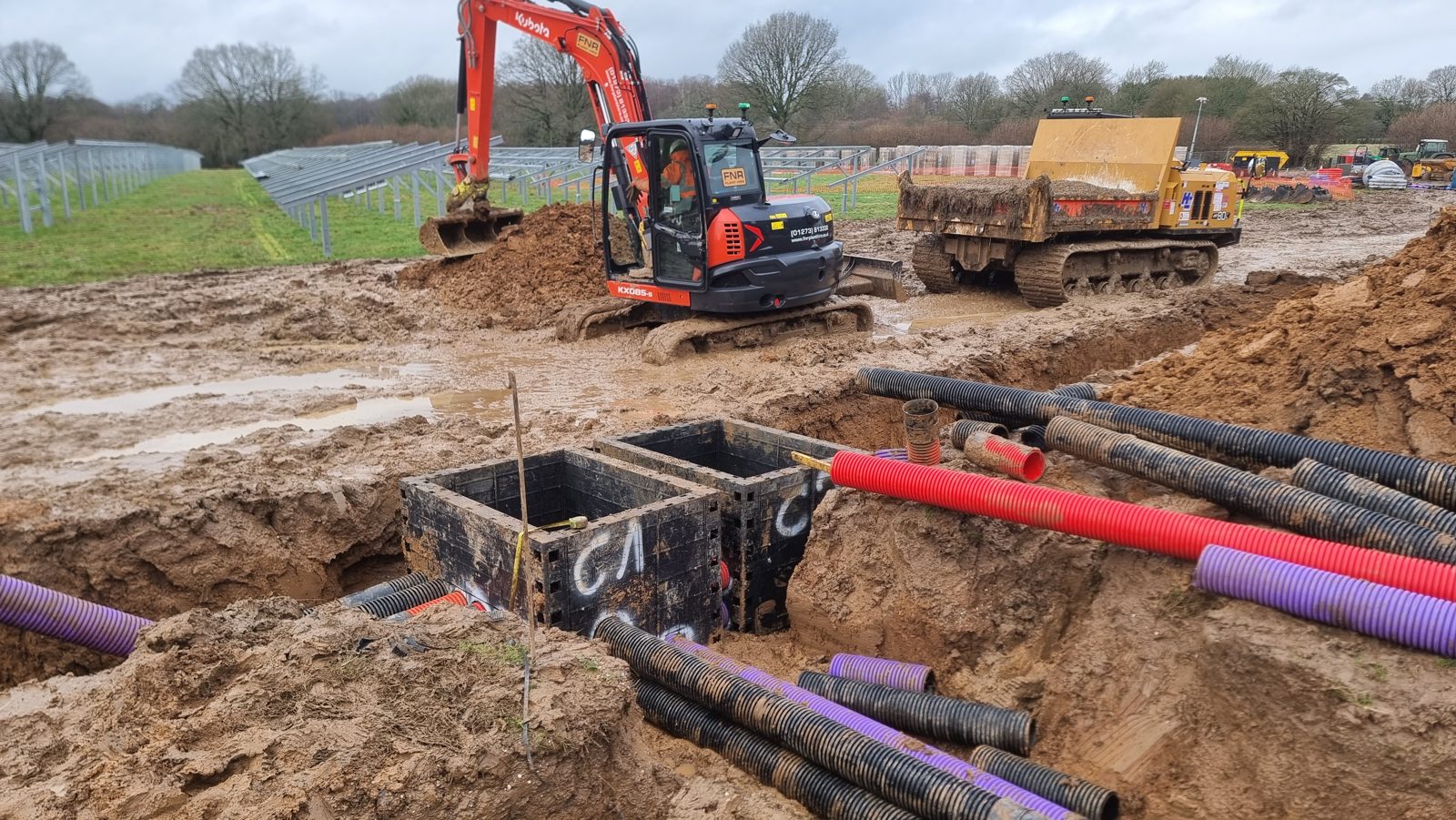 Attenuation crates in a drainage excavation.
