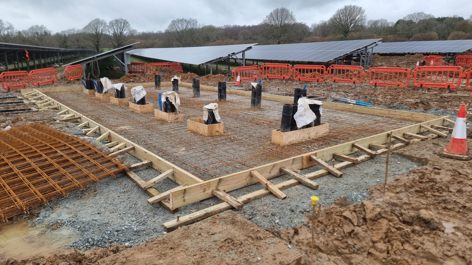 A steel rebar cage for a reinforced concrete foundation in East Sussex.